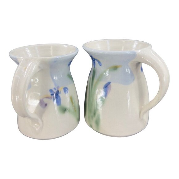 Studio Art Pottery Coffee Mug Cup Set 2 Hand Made Mugs Blue Green Flower Signed - Picture 2 of 14